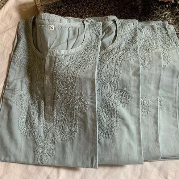 Tunic Woman’s Long Sleeve Hand Embroidered 100% Cotton Paisley Design Green blue - Picture 4 of 7